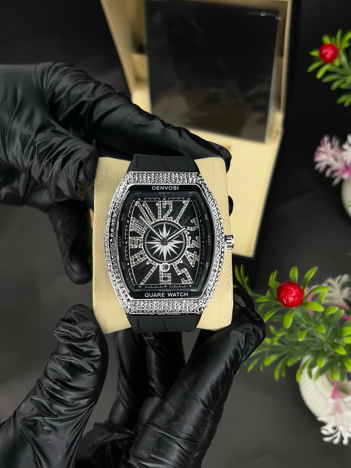 Denvosi Luxury Men's Watch – Diamond Studded Green Dial Wristwatch